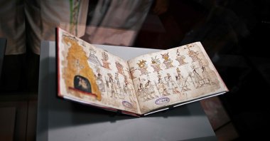 The Azcatitlan Codex, an ancient Aztec pictorial manuscript on loan from France, is displayed at the National Museum of Anthropology, Mexico City, Mexico, Sept. 17, 2026. (AFP Photo)