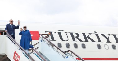 President Recep Tayyip Erdoğan and first lady Emine Erdoğan as they board the presidential plane for their flight to New York, Istanbul, Türkiye, Sept. 20, 2026. (AA Photo)