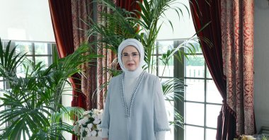 First lady Emine Erdoğan participates via video message during the 6th Summit of First Ladies and Gentlemen held in Kyiv, Ankara, Türkiye, Aug. 13, 2026. (AA Photo)