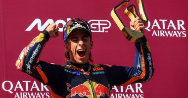 Spanish MotoGP rider Pedro Acosta of Red Bull KTM Factory Racing celebrates on the podium after winning the Austria Grand Prix in Spielberg, Austria, Sept. 20, 2026. (EPA Photo)