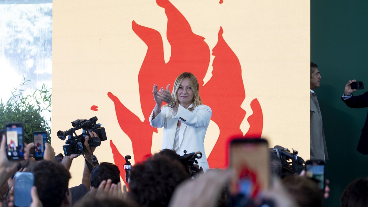 Italian Prime Minister Giorgia Meloni attends a national youth festival organized by a youth movement of the Fratelli d'Italia party, Rome, Italy, Sept. 20, 2026. (EPA Photo)