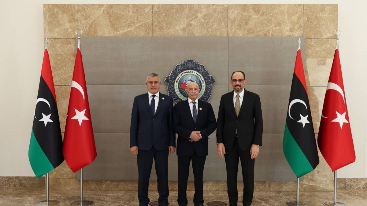 National Intelligence Organization (MIT) chief Ibrahim Kalın (R) meets with Libya's House of Representatives Speaker Aguila Saleh (C) and High Council of State President Mohammed Takala (L), Ankara, Türkiye, Sept. 10, 2026. (AA Photo)