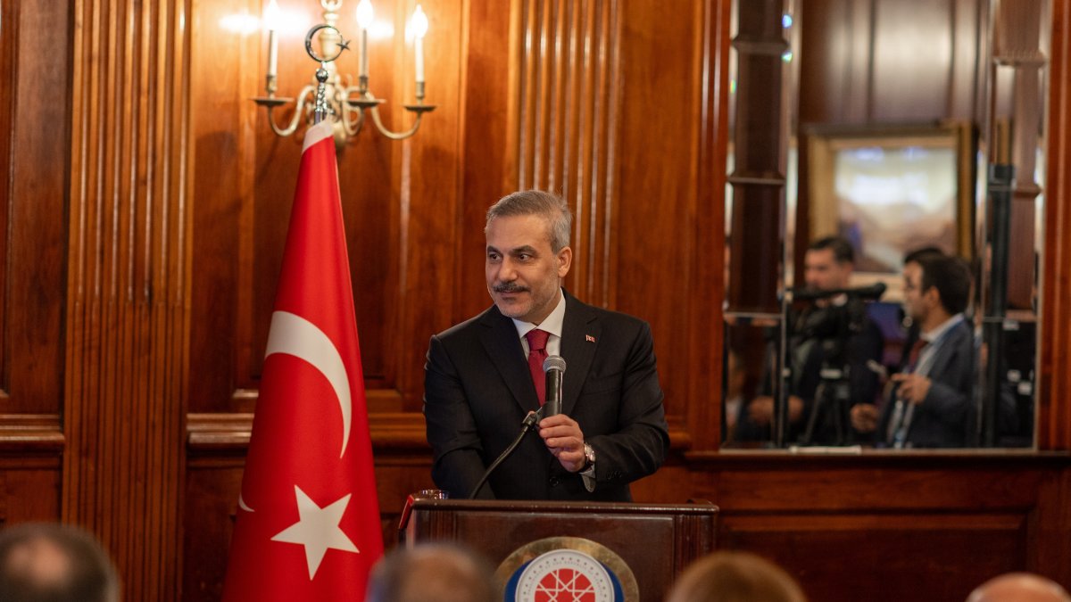 Foreign Minister Hakan Fidan speaks at the "Türkiye-U.S. Relations Toward the 100th Anniversary" panel organized by the Presidency's Directorate of Communications in New York, Sept. 21, 2026. (AA Photo)