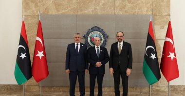 National Intelligence Organization (MIT) chief Ibrahim Kalın (R) meets with Libya's House of Representatives Speaker Aguila Saleh (C) and High Council of State President Mohammed Takala (L), Ankara, Türkiye, Sept. 10, 2026. (AA Photo)