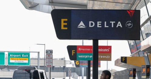 A Delta Air Lines sign outside of Terminal 4 at JFK Airport in New York, U.S., Aug. 28, 2026. (Reuters Photo)