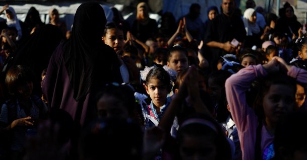 Palestinian students attend their first day of the new school year at an UNRWA school in Nuseirat, in the central Gaza Strip, Sept. 19, 2026. (Reuters Photo)