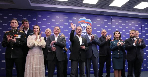 Senior members of Russia's ruling United Russia party, including Deputy Chairman of the Russian Security Council Dmitry Medvedev and Foreign Minister Sergei Lavrov, visit the party's headquarters following the announcement of preliminary results of a parliamentary election in Moscow, Russia, Sept. 20, 2026. (Handout via Reuters)