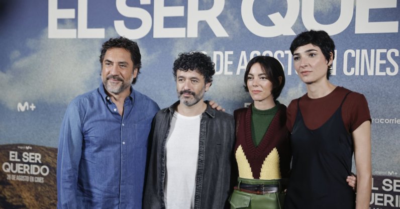 Spanish film director Rodrigo Sorogoyen (2L), cast members Javier Bardem (L) and Victoria Luengo (2R) and screenwriter Isabel Pena (R) pose at the photocall during the presentation of the film "El ser querido" ("The Beloved"), Madrid, Spain, Aug. 25, 2026. (EPA Photo)
