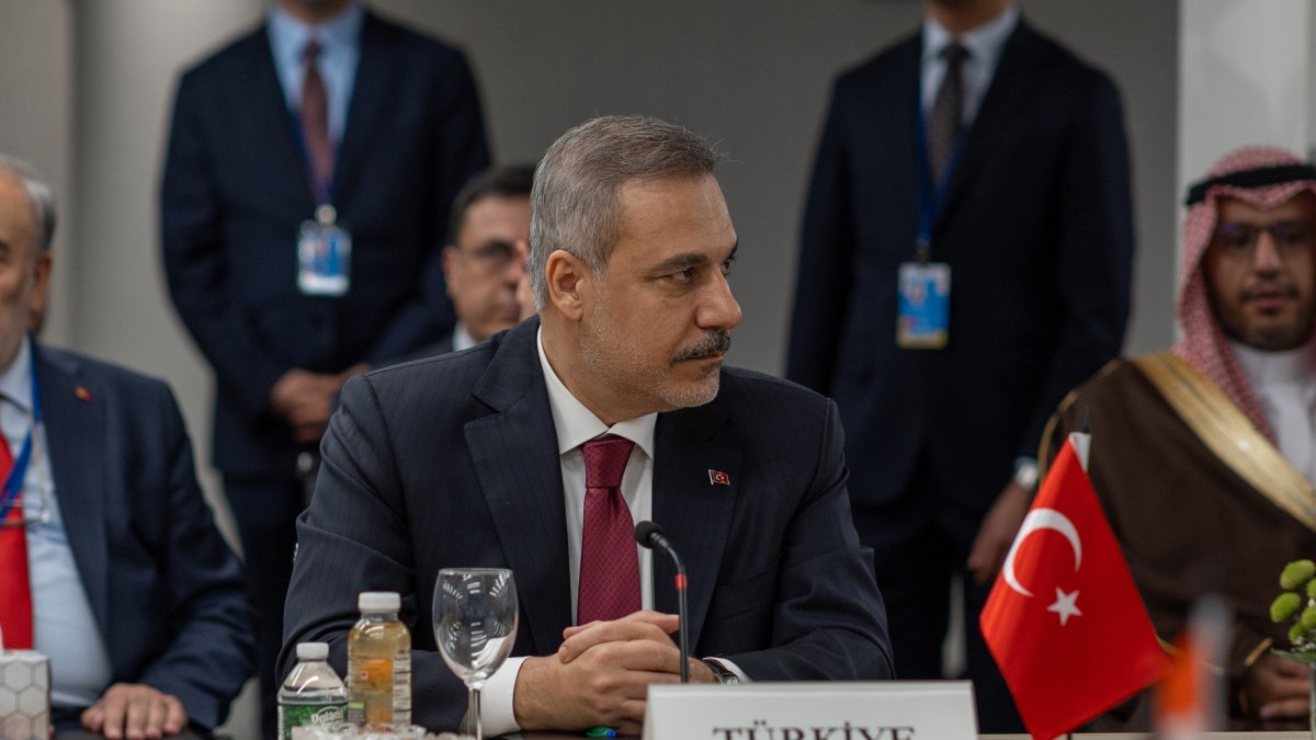 Foreign Minister Hakan Fidan attends the meeting of top diplomats of Egypt, Qatar, Pakistan, Jordan, UAE, Saudi Arabia and Indonesia, New York, United States, Sept. 22, 2026. (AA Photo)