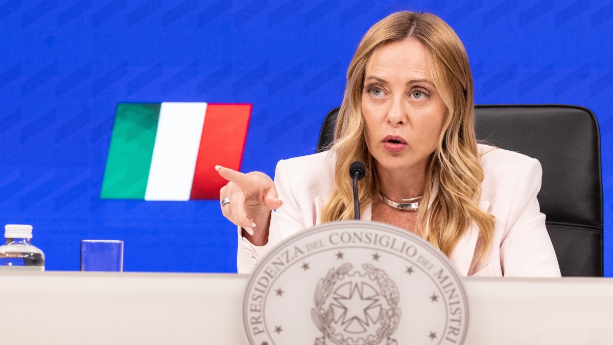 Italy's Prime Minister Giorgia Meloni gestures during the press conference after the Council of Ministers in Rome, Sept. 16, 2026. (AP Photo)