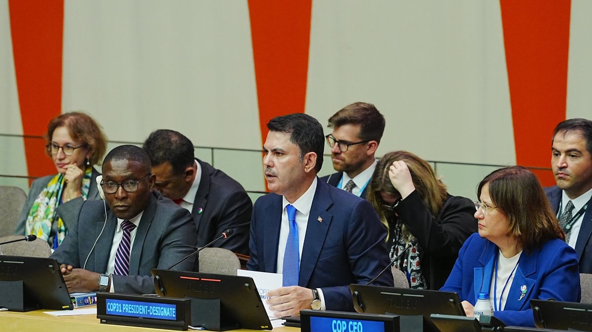 COP31 President and Environment, Urbanization and Climate Change Minister Murat Kurum (C) presents the COP31 Action Agenda during a U.N. meeting, New York, U.S., Sept. 21, 2026. (AA Photo)