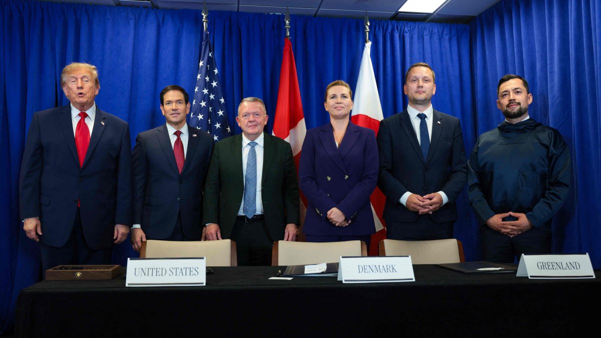 U.S. President Donald Trump, U.S. Secretary of State Marco Rubio, Minister for Foreign Affairs of Denmark Lars Løkke Rasmussen, Prime Minister of Denmark Mette Frederiksen, Prime Minister of Greenland Jens-Frederik Nielsen, and Deputy Prime Minister of Greenland Múte B. Egede pose during the signing of a security pact between the U.S., Denmark, and Greenland during the 81st session of the United Nations (U.N.) General Assembly at U.N. Headquarters, Sept. 22, 2026. (AFP Photo)