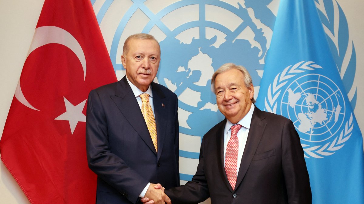 President Recep Tayyip Erdoğan shaking hands with U.N. Secretary General Antonio Guterres on the sidelines of the 81st United Nations General Assembly in New York. (Turkish Presidency Press Office Handout via AFP) 
