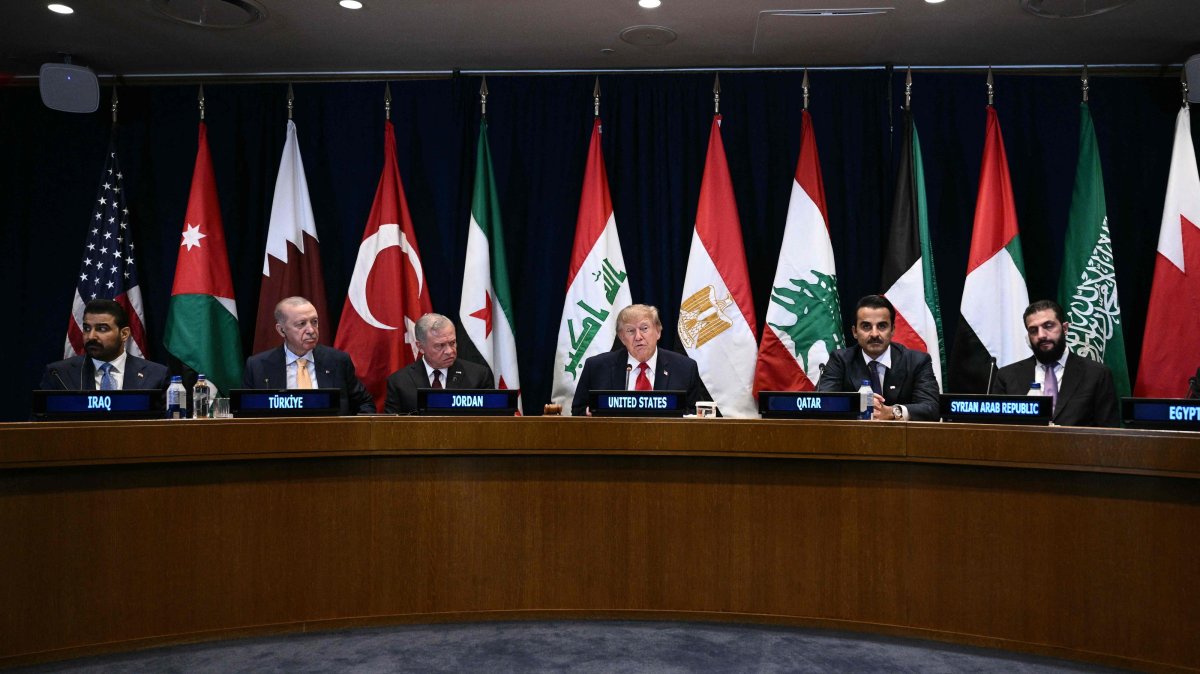 U.S. President Donald Trump speaks at a Gulf Cooperation Council (GCC) multilateral meeting alongside (L/R) Iraqi Prime Minister Ali al-Zaid, Türkiye's President Recep Tayyip Erdoğan, King Abdullah II of Jordan, Qatar's Emir Sheikh Tamim bin Hamad al-Thani and Syrian President Ahmed al-Sharaa on the sidelines of the 81st United Nations General Assembly in New York, Sept. 22, 2026. (AFP Photo)