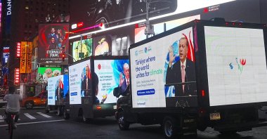 Messages highlighting President Recep Tayyip Erdoğan’s calls for global peace and Türkiye’s climate vision for COP31 are displayed on screens in Times Square during the 81st U.N. General Assembly week, New York, U.S., Sept. 22, 2026. (AA Photo)