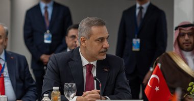 Foreign Minister Hakan Fidan attends the meeting of top diplomats of Egypt, Qatar, Pakistan, Jordan, UAE, Saudi Arabia and Indonesia, New York, United States, Sept. 22, 2026. (AA Photo)