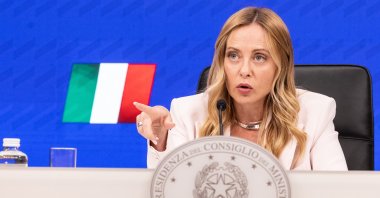 Italy's Prime Minister Giorgia Meloni gestures during the press conference after the Council of Ministers in Rome, Sept. 16, 2026. (AP Photo)