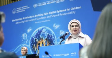 Türkiye’s first lady Emine Erdoğan delivers a speech at an event on safe digital systems for children, New York, U.S., Sept. 21, 2026. (AA Photo)