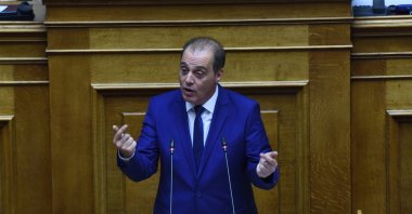 Kyriakos Velopoulos, the chair of the "Hellenic Solution" party, speaks during a speech, Athens, Greece, April 14, 2020. (Getty Images Photo)