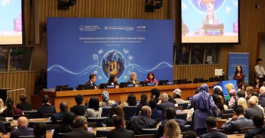 Türkiye’s Family and Social Services Minister Mahinur Özdemir Göktaş speaks during a panel on building safe digital systems for children, New York, U.S., Sept. 21, 2026. (AA Photo)