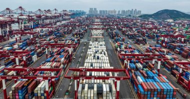 Containers are seen at the port in Qingdao, China, Sept. 21, 2026. (AFP Photo)