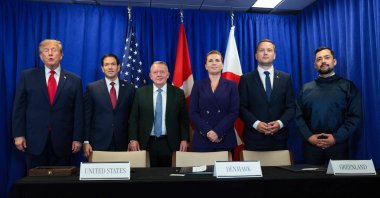 U.S. President Donald Trump, U.S. Secretary of State Marco Rubio, Minister for Foreign Affairs of Denmark Lars Løkke Rasmussen, Prime Minister of Denmark Mette Frederiksen, Prime Minister of Greenland Jens-Frederik Nielsen, and Deputy Prime Minister of Greenland Múte B. Egede pose during the signing of a security pact between the U.S., Denmark, and Greenland during the 81st session of the United Nations (U.N.) General Assembly at U.N. Headquarters, Sept. 22, 2026. (AFP Photo)