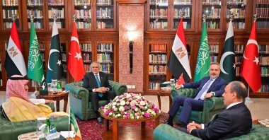 Saudi Arabia's Faisal bin Farhan, Pakistan's Foreign Minister Ishaq Dar, Türkiye's Hakan Fidan and Egypt's Badr Abdelatty at the Foreign Ministry office in Islamabad, March 29, 2026. (Pakistan Foreign Ministry Handout via AFP)