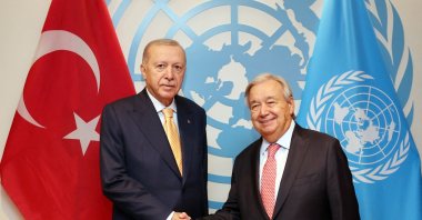 President Recep Tayyip Erdoğan shaking hands with U.N. Secretary General Antonio Guterres on the sidelines of the 81st United Nations General Assembly in New York. (Turkish Presidency Press Office Handout via AFP) 