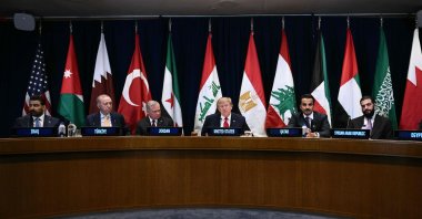 U.S. President Donald Trump speaks at a Gulf Cooperation Council (GCC) multilateral meeting alongside (L/R) Iraqi Prime Minister Ali al-Zaid, Türkiye's President Recep Tayyip Erdoğan, King Abdullah II of Jordan, Qatar's Emir Sheikh Tamim bin Hamad al-Thani and Syrian President Ahmed al-Sharaa on the sidelines of the 81st United Nations General Assembly in New York, Sept. 22, 2026. (AFP Photo)
