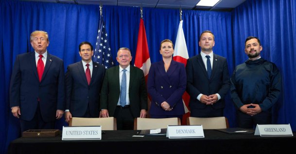 U.S. President Donald Trump, U.S. Secretary of State Marco Rubio, Minister for Foreign Affairs of Denmark Lars Løkke Rasmussen, Prime Minister of Denmark Mette Frederiksen, Prime Minister of Greenland Jens-Frederik Nielsen, and Deputy Prime Minister of Greenland Múte B. Egede pose during the signing of a security pact between the U.S., Denmark, and Greenland during the 81st session of the United Nations (U.N.) General Assembly at U.N. Headquarters, Sept. 22, 2026. (AFP Photo)