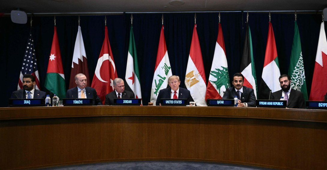 U.S. President Donald Trump speaks at a Gulf Cooperation Council (GCC) multilateral meeting alongside (L/R) Iraqi Prime Minister Ali al-Zaid, Türkiye's President Recep Tayyip Erdoğan, King Abdullah II of Jordan, Qatar's Emir Sheikh Tamim bin Hamad al-Thani and Syrian President Ahmed al-Sharaa on the sidelines of the 81st United Nations General Assembly in New York, Sept. 22, 2026. (AFP Photo)