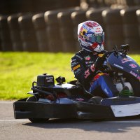Red Bull's F1 driver Max Verstappen races against the field during the Max v 100 go-karting event at Silverstone, Towcester, U.K., Sept. 16, 2026. (AP Photo)