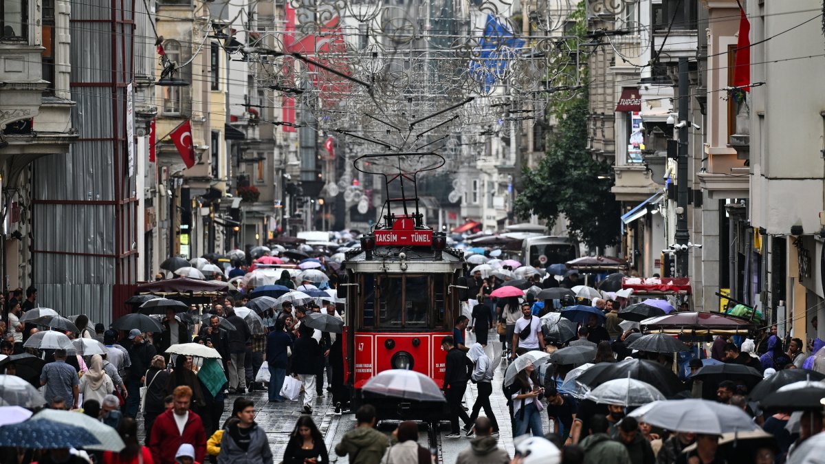 People walk with umbrellas amid heavy rain, Taksim, Istanbul, Türkiye, Sept. 16, 2026. (AA Photo)