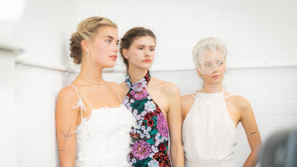 Models pose for photos in Barrus outfits before the runway show during London Fashion Week, London, U.K., Sept. 19, 2026. (Photo courtesy of Neslişah Yılmaz)