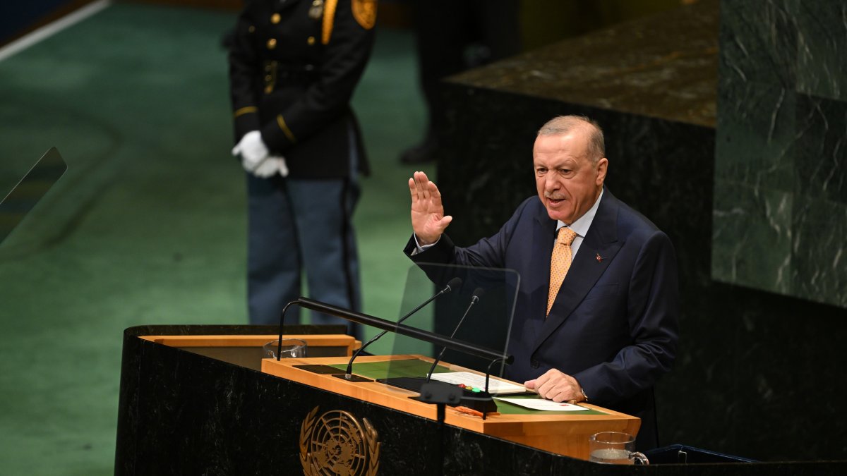 President Recep Tayyip Erdoğan addresses the 81st United Nations General Assembly at U.N. headquarters, New York City, U.S., Sept. 22, 2026. (AA Photo)