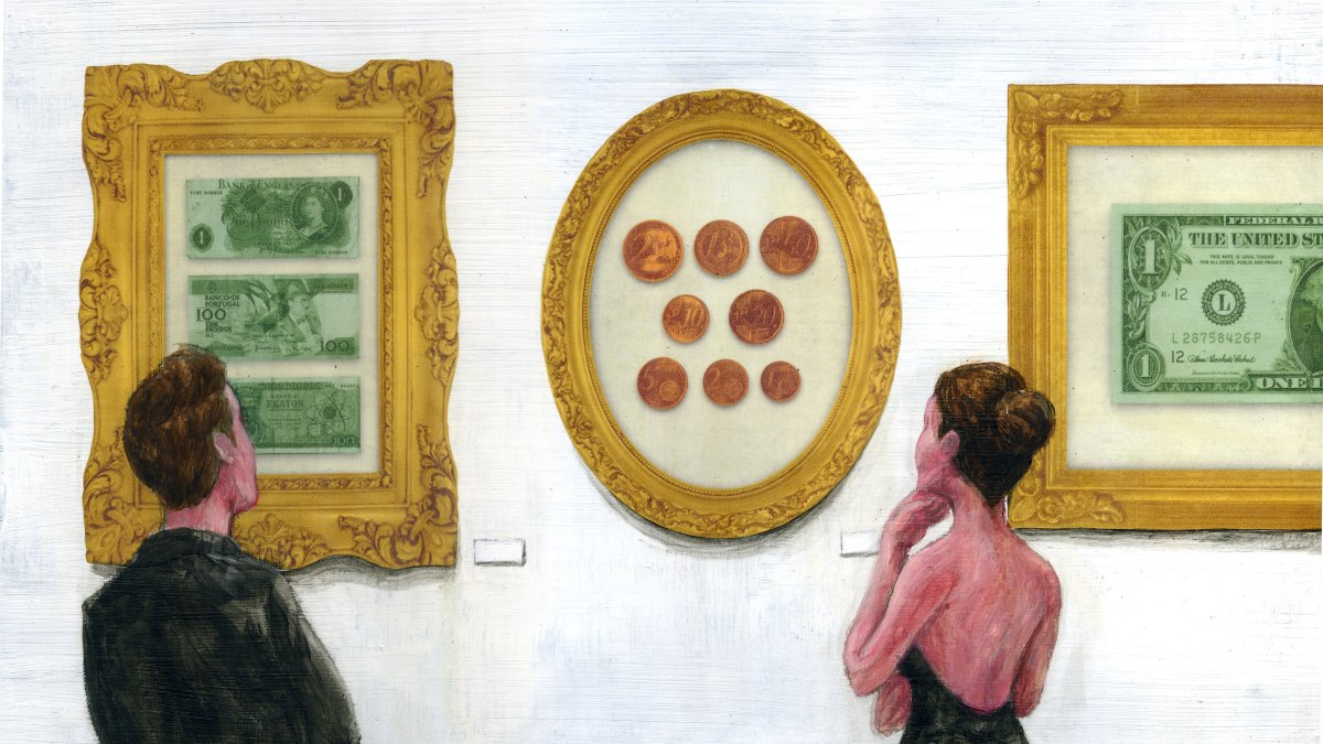 Illustration of people watching precious currencies in art gallery. (Getty Images Photo)