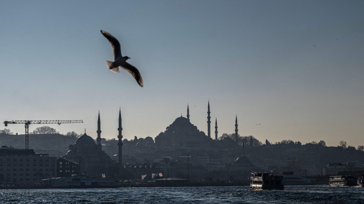 A seagull flies over the Bosporus with a mosque in the background, Istanbul, Türkiye, Feb. 22, 2024. (AFP Photo)