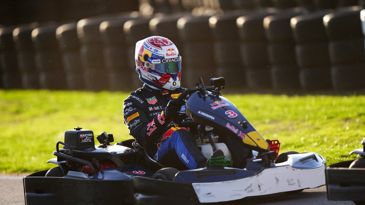 Red Bull's F1 driver Max Verstappen races against the field during the Max v 100 go-karting event at Silverstone, Towcester, U.K., Sept. 16, 2026. (AP Photo)