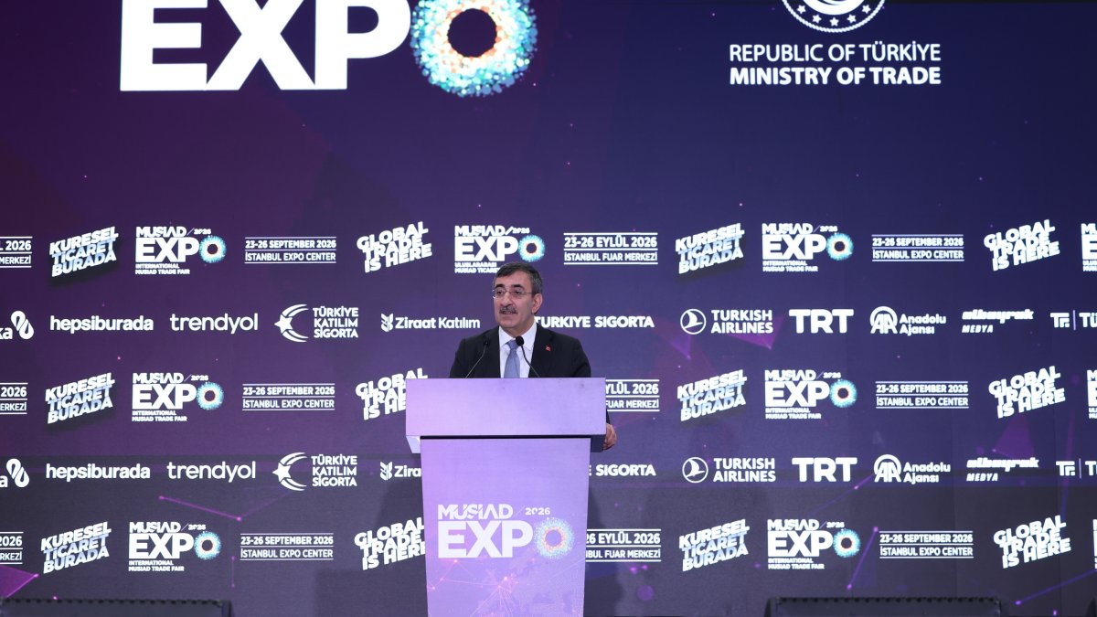 Vice President Cevdet Yılmaz speaks at the opening of the MÜSIAD EXPO in Istanbul, Türkiye, Sept. 23, 2026. (AA Photo)
