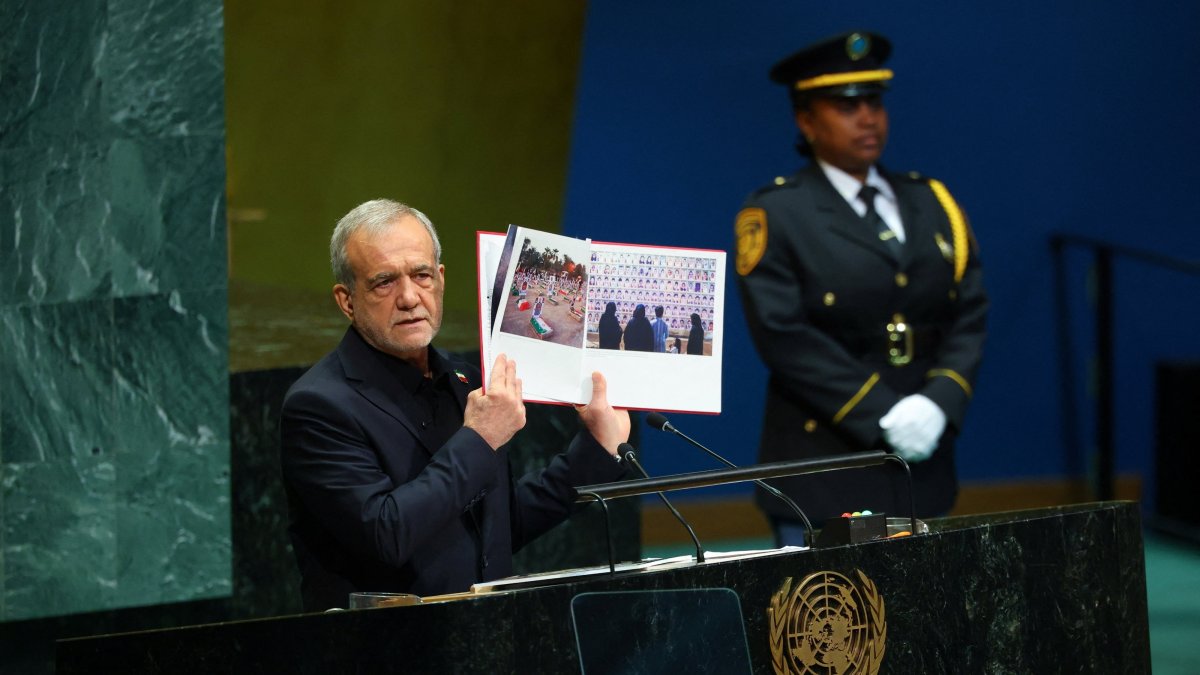 Iran&amp;#039;s President Masoud Pezeshkian addresses the 81st United Nations General Assembly (UNGA) at U.N. headquarters in New York City, Sept. 23, 2026. (Reuters Photo)