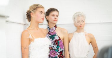 Models pose for photos in Barrus outfits before the runway show during London Fashion Week, London, U.K., Sept. 19, 2026. (Photo courtesy of Neslişah Yılmaz)