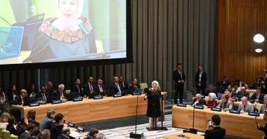 Emine Erdoğan speaks during the IEA High-Level Energy Transition Dialogue, U.N. headquarters, New York, U.S., Sept. 22, 2026. (AA Photo)