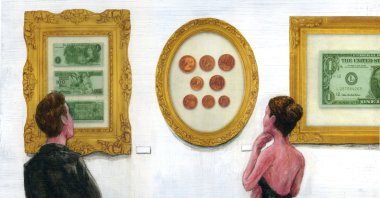Illustration of people watching precious currencies in art gallery. (Getty Images Photo)