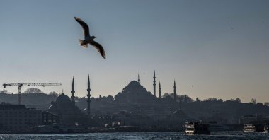 A seagull flies over the Bosporus with a mosque in the background, Istanbul, Türkiye, Feb. 22, 2024. (AFP Photo)