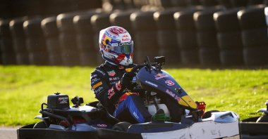Red Bull's F1 driver Max Verstappen races against the field during the Max v 100 go-karting event at Silverstone, Towcester, U.K., Sept. 16, 2026. (AP Photo)