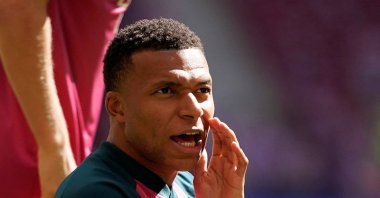 Real Madrid's Kylian Mbappe during the warm-up before the La Liga match against Atletico Madrid at Riyadh Air Metropolitano, Madrid, Spain, Sept. 20, 2026. (Reuters Photo)