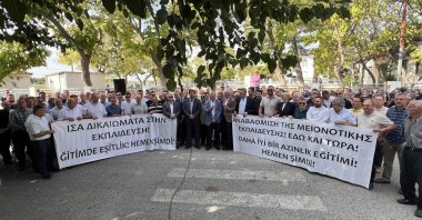 Western Thracian Turks protest outside a minority primary school in the village of Mizanlı, after the school was not allowed to open despite meeting the required number of students, Xanthi (Iskeçe), Greece, Sept. 11, 2025. (AA Photo)
