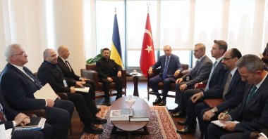 President Recep Tayyip Erdoğan and Ukraine's President Volodymyr Zelenskyy hold a meeting with their delegations on the sidelines of the 81st United Nations General Assembly in New York. (Turkish Presidential Service Handout via AFP)