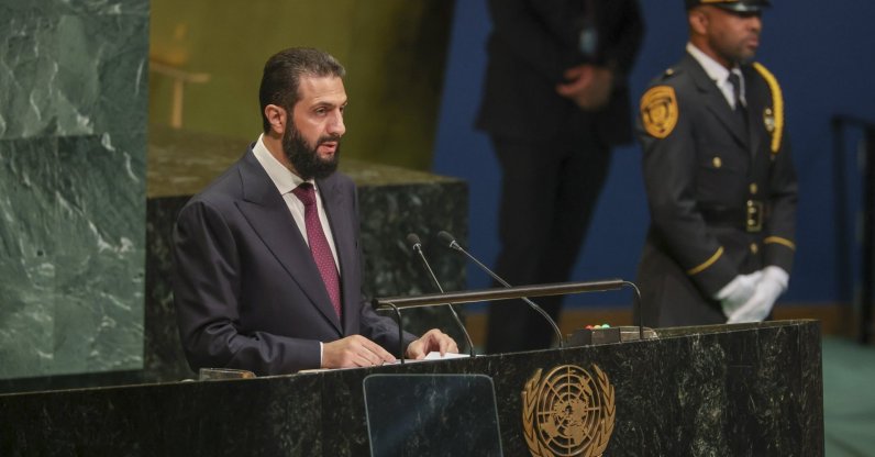 Syrian President Ahmad al-Sharaa speaks during the General Debate of the 81st session of the UNGA at United Nations Headquarters in New York, New York, U.S., Sept. 23, 2026. (EPA Photo)