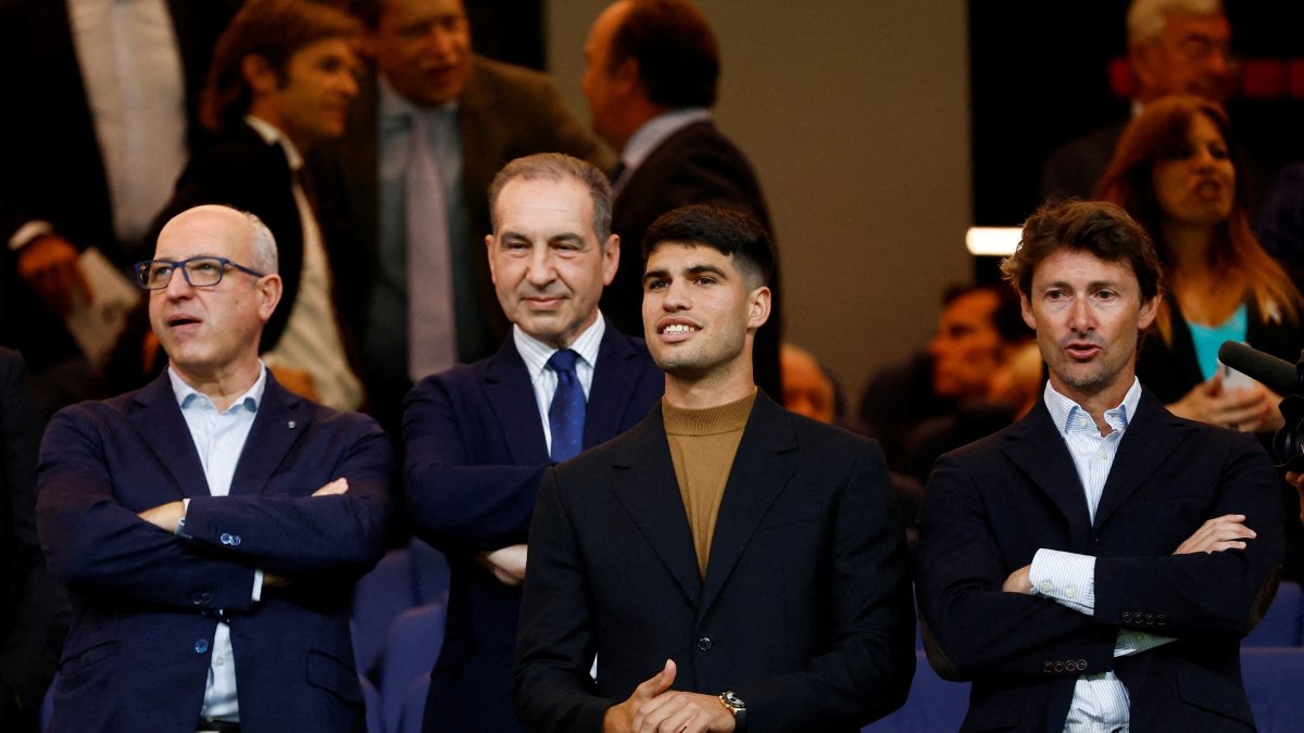 Carlos Alcaraz (2nd R) is pictured in the stands during the La Liga match between Real Madrid and FC Barcelona at Santiago Bernabeu, Madrid, Spain, April 21, 2024. (Reuters Photo)